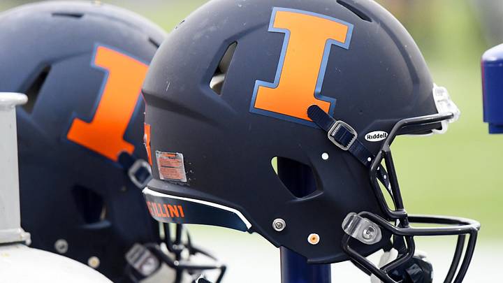 Nov 24, 2018; Evanston, IL, USA; A detailed view of a Illinois Fighting Illini helmet before a game against the Northwestern Wildcats at Ryan Field. Mandatory Credit: Mike DiNovo-Imagn Images