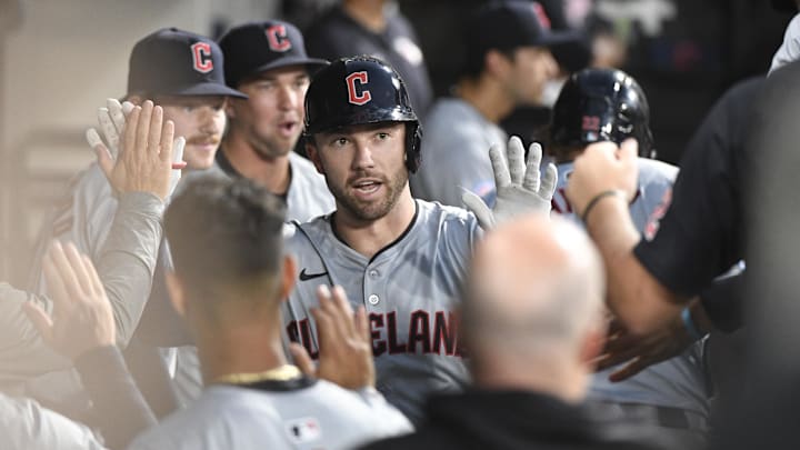 Sep 9, 2024; Chicago, Illinois, USA;  Cleveland Guardians catcher David Fry (6) celebrates in the dugout after his home run during the third inning at Guaranteed Rate Field. Mandatory Credit: Matt Marton-Imagn Images