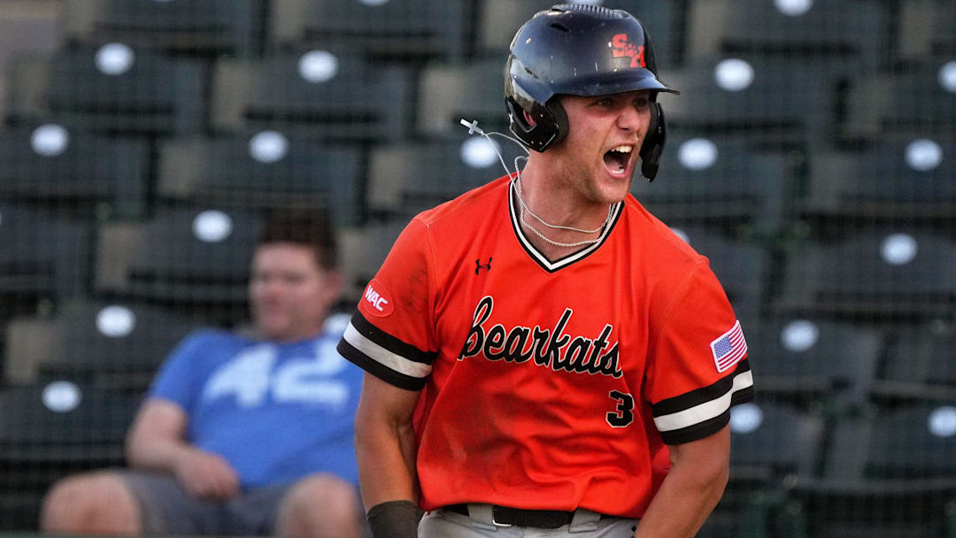 May 26, 2023; Mesa, AZ, USA; Sam Houston Bearkats' Walker Janek (3) celebrates his 3-run home run against the GCU Lobos during their WAC Tournament game at Hohokam Stadium.