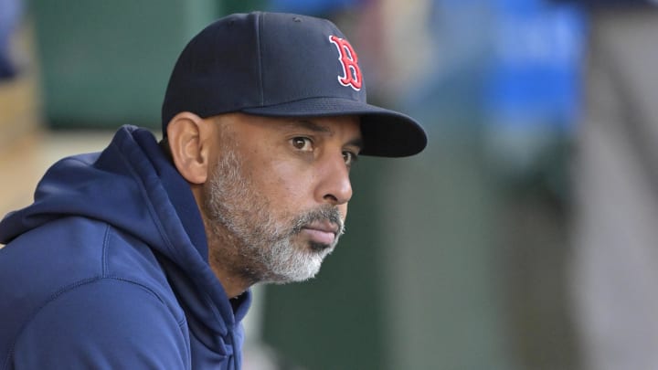 Apr 6, 2024; Anaheim, California, USA; Boston Red Sox manager Alex Cora (13) sits in the dugout prior to the game against the Los Angeles Angels at Angel Stadium. Mandatory Credit: Jayne Kamin-Oncea-USA TODAY Sports