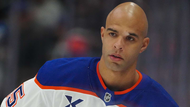 Mar 10, 2026; Denver, Colorado, USA; Edmonton Oilers defenseman Darnell Nurse (25) before the game against the Colorado Avalanche at Ball Arena. Mandatory Credit: Ron Chenoy-Imagn Images