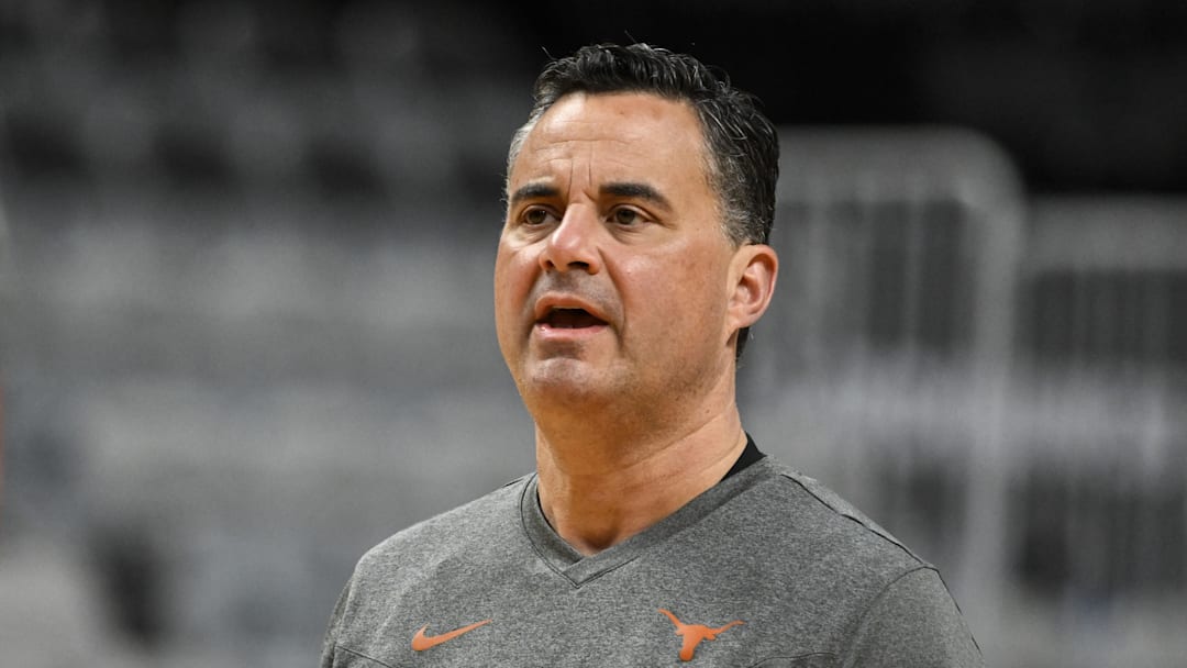 Texas Longhorns head coach Sean Miller looks on during a practice session ahead of the West Regional of the men's 2026 NCAA Tournament at SAP Center.