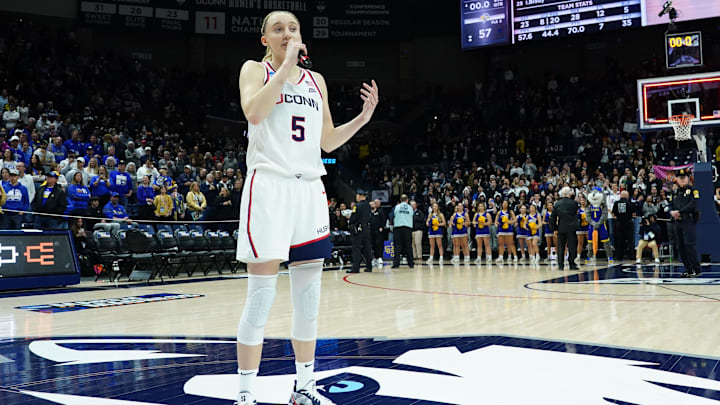 UConn Huskies guard Bueckers talks to the crowd after defeating the South Dakota State Jackrabbits.