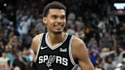 Mar 29, 2024; San Antonio, Texas, USA; San Antonio Spurs forwards Victor Wembanyama (1) reacts after an overtime victory over the New York Knicks at Frost Bank Center.