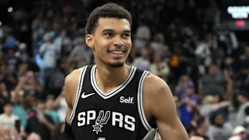 Mar 29, 2024; San Antonio, Texas, USA; San Antonio Spurs forwards Victor Wembanyama (1) reacts after an overtime victory over the New York Knicks at Frost Bank Center.