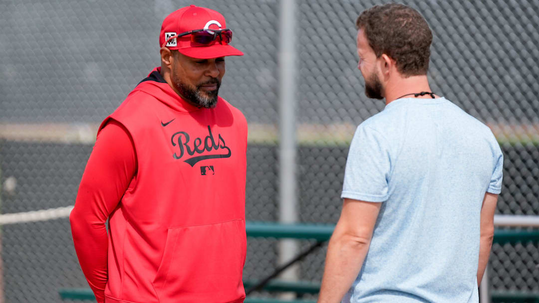 Former Cincinnati Reds player Barry Larkin, left, attends spring training, Sunday, Feb. 16, 2025, at the Cincinnati Reds Player Development Complex in Goodyear, Ariz.