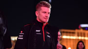 Nov 16, 2023; Las Vegas, Nevada, USA; Haas F1 driver Nico Hulkenberg of Germany (27) arrives before practice at Las Vegas Strip Circuit. Mandatory Credit: Gary A. Vasquez-USA TODAY Sports