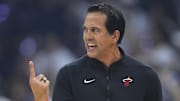 Apr 23, 2025; Cleveland, Ohio, USA; Miami Heat head coach Erik Spoelstra reacts in the first quarter of game two of the first round of the 2025 NBA Playoffs against the Cleveland Cavaliers at Rocket Arena. Mandatory Credit: David Richard-Imagn Images
