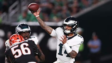 Aug 7, 2025; Philadelphia, Pennsylvania, USA; Philadelphia Eagles quarterback Dorian Thompson-Robinson (14) passes the ball against the Cincinnati Bengals during the third quarter at Lincoln Financial Field. Mandatory Credit: Bill Streicher-Imagn Images