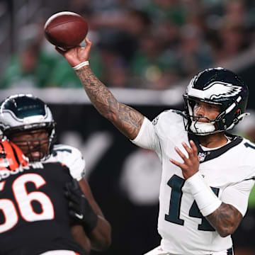 Aug 7, 2025; Philadelphia, Pennsylvania, USA; Philadelphia Eagles quarterback Dorian Thompson-Robinson (14) passes the ball against the Cincinnati Bengals during the third quarter at Lincoln Financial Field. Mandatory Credit: Bill Streicher-Imagn Images