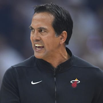 Apr 23, 2025; Cleveland, Ohio, USA; Miami Heat head coach Erik Spoelstra reacts in the first quarter of game two of the first round of the 2025 NBA Playoffs against the Cleveland Cavaliers at Rocket Arena. Mandatory Credit: David Richard-Imagn Images