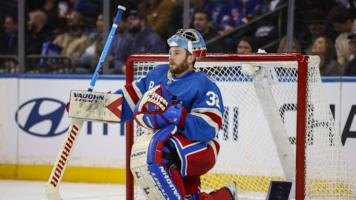 Jan 8, 2026; New York, New York, USA;  New York Rangers goaltender Jonathan Quick (32) at Madison Square Garden. Mandatory Credit: Wendell Cruz-Imagn Images