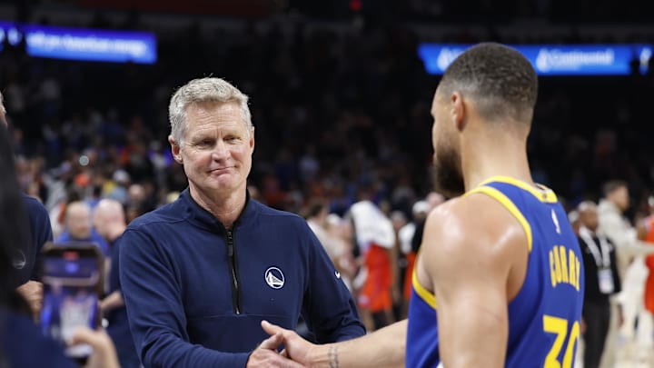 Nov 10, 2024; Oklahoma City, Oklahoma, USA; Golden State Warriors head coach Steve Kerr celebrates with guard Stephen Curry (30) after their team defeated the Oklahoma City Thunder at Paycom Center. Mandatory Credit: Alonzo Adams-Imagn Images Nov 10, 2024; Oklahoma City, Oklahoma, USA; Golden State Warriors head coach Steve Kerr celebrates with guard Stephen Curry (30) after their team defeated the Oklahoma City Thunder at Paycom Center. Mandatory Credit: Alonzo Adams-Imagn Images