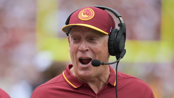 Sep 10, 2023; Landover, Maryland, USA;  Washington Commanders defensive coordinator Jack Del Rio react during the first half against the Arizona Cardinals at FedExField.