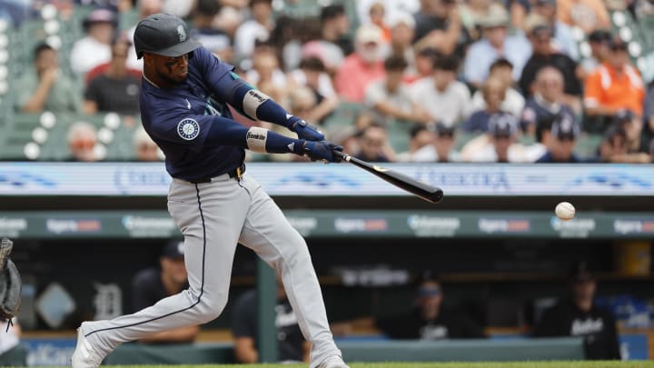 Seattle Mariners outfielder Victor Robles hits a double against the Detroit Tigers on Thursday at Comerica Park.