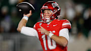 USA; UNLV Rebels quarterback Anthony Colandrea (10) attempts a pass in the third quarter against the Colorado State Rams at Sonny Lubick Field at Canvas Stadium. Mandatory Credit: Isaiah J. Downing-Imagn Images