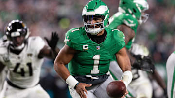 Nov 3, 2024; Philadelphia, Pennsylvania, USA; Philadelphia Eagles quarterback Jalen Hurts (1) in action against the Jacksonville Jaguars at Lincoln Financial Field. Mandatory Credit: Bill Streicher-Imagn Images