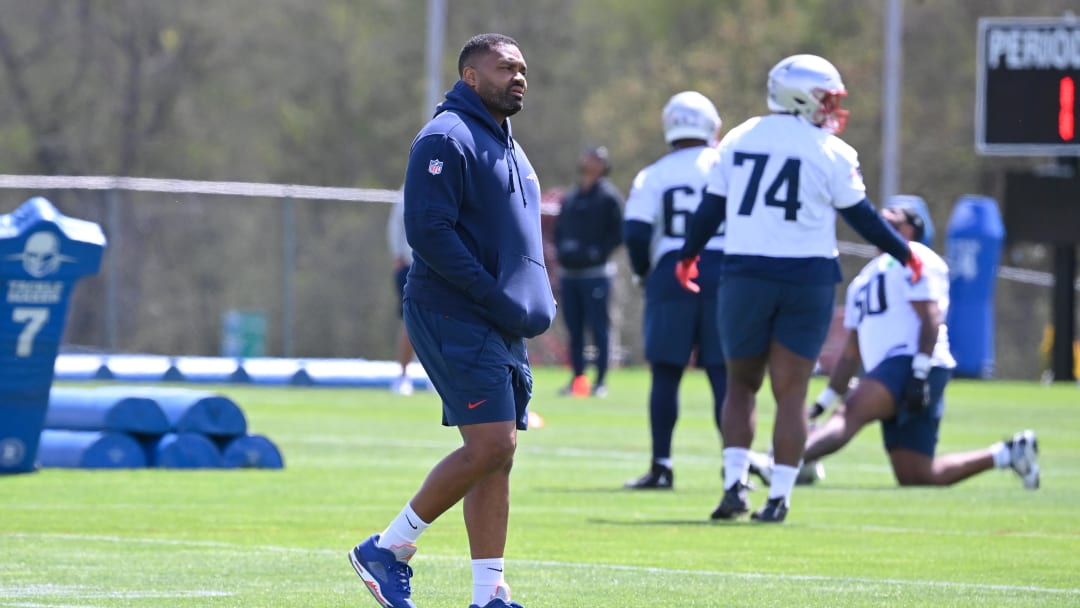 May 11, 2024; Foxborough, MA, USA; New England Patriots head coach Jerod Mayo watches practice at the New England Patriots rookie camp at Gillette Stadium.  Mandatory Credit: Eric Canha-USA TODAY Sports