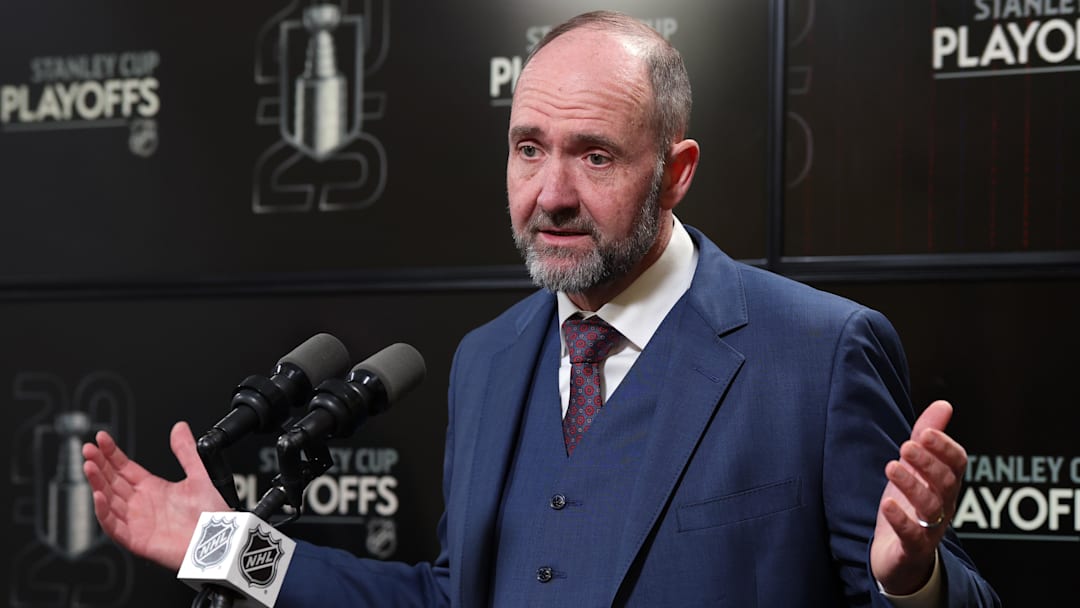 May 9, 2025; Winnipeg, Manitoba, CAN; Dallas Stars head coach Pete DeBoer talks to media after their loss to the Winnipeg Jets in game two of the second round of the 2025 Stanley Cup Playoffs at Canada Life Centre. Mandatory Credit: James Carey Lauder-Imagn Images
