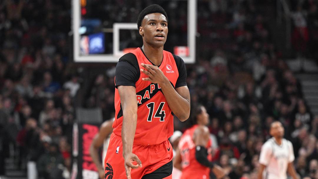 Nov 23, 2025; Toronto, Ontario, CAN; Toronto Raptors guard JaKobe Walter (14) reacts after making a basket against the Brooklyn Nets in the first half at Scotiabank Arena. Mandatory Credit: Dan Hamilton-Imagn Images Nov 23, 2025; Toronto, Ontario, CAN; Toronto Raptors guard JaKobe Walter (14) reacts after making a basket against the Brooklyn Nets in the first half at Scotiabank Arena. Mandatory Credit: Dan Hamilton-Imagn Images