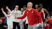 Mar 13, 2025; Charlotte, NC, USA; Louisville Cardinals head coach Pat Kelsey reacts in the second half at Spectrum Center. Mandatory Credit: Bob Donnan-Imagn Images