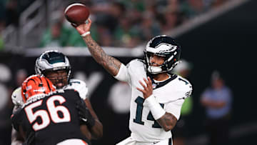 Aug 7, 2025; Philadelphia, Pennsylvania, USA; Philadelphia Eagles quarterback Dorian Thompson-Robinson (14) passes the ball against the Cincinnati Bengals during the third quarter at Lincoln Financial Field. Mandatory Credit: Bill Streicher-Imagn Images
