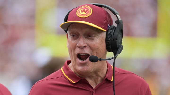 Sep 10, 2023; Landover, Maryland, USA;  Washington Commanders defensive coordinator Jack Del Rio react during the first half against the Arizona Cardinals at FedExField.