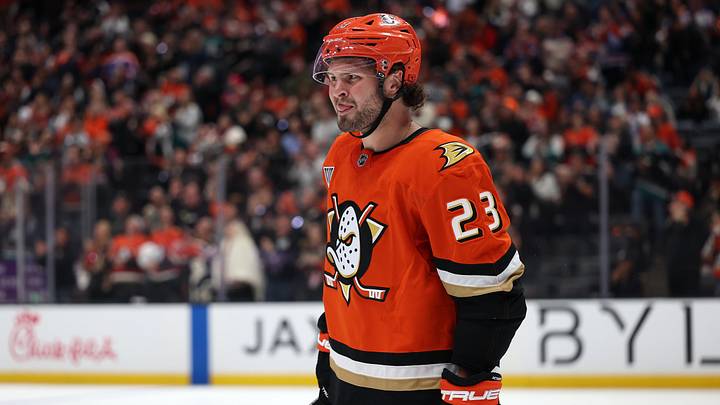 Apr 24, 2026; Anaheim, California, USA;  Anaheim Ducks center Mason McTavish (23) looks on during the second period against the Edmonton Oilers in game three of the first round of the 2026 Stanley Cup Playoffs at Honda Center. Mandatory Credit: Kiyoshi Mio-Imagn Images
