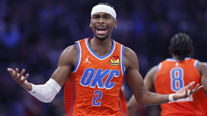 Dec 10, 2025; Oklahoma City, Oklahoma, USA; Oklahoma City Thunder guard Shai Gilgeous-Alexander (2) reacts after a play against the Phoenix Suns during the second quarter at Paycom Center. Mandatory Credit: Alonzo Adams-Imagn Images