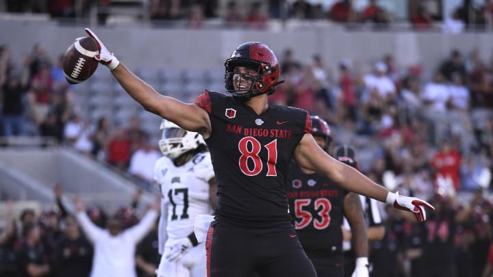 Aug 26, 2023; San Diego, California, USA; San Diego State Aztecs tight end Mark Redman (81) celebrates after scoring a touchdown against the Ohio Bobcats during the first half at Snapdragon Stadium.