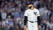 Oct 8, 2025; Bronx, New York, USA; New York Yankees pitcher Devin Williams (38) reacts after giving up a two run RBI during the seventh inning during game four of the ALDS round for the 2025 MLB playoffs at Yankee Stadium. Mandatory Credit: Brad Penner-Imagn Images