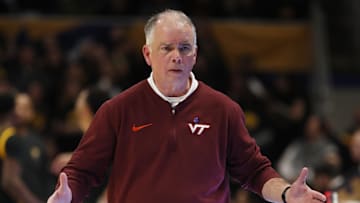 Feb 24, 2024; Pittsburgh, Pennsylvania, USA;  Virginia Tech Hokies head coach Mike Young reacts on the sidelines against the Pittsburgh Panthers during the second half at the Petersen Events Center. The Panthers won 79-64. Mandatory Credit: Charles LeClaire-Imagn Images