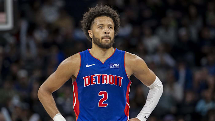 Mar 27, 2024; Minneapolis, Minnesota, USA; Detroit Pistons guard Cade Cunningham (2) look on against