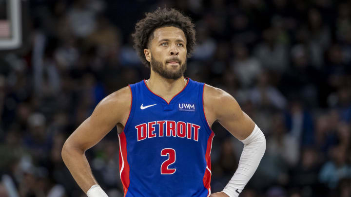 Mar 27, 2024; Minneapolis, Minnesota, USA; Detroit Pistons guard Cade Cunningham (2) look on against the Minnesota Timberwolves in the second half at Target Center. Mandatory Credit: Jesse Johnson-USA TODAY Sports