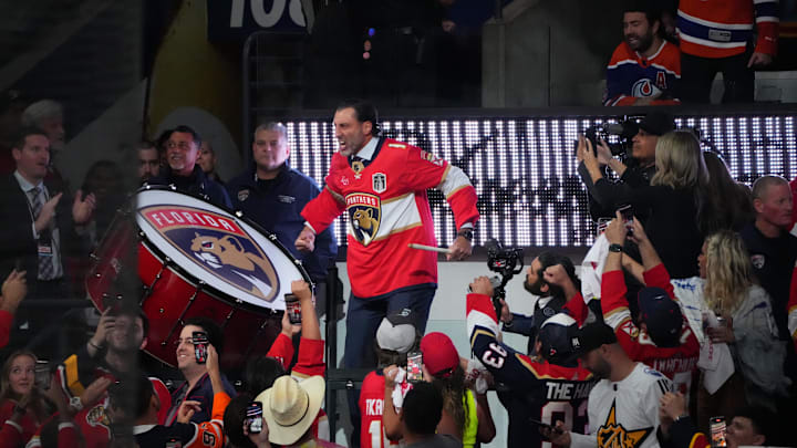 Jun 24, 2024; Sunrise, Florida, USA; Former Florida Panthers goaltender Roberto Luongo bangs the drum prior to the start of the during the first period against the Edmonton Oilers in game seven of the 2024 Stanley Cup Final at Amerant Bank Arena. 
