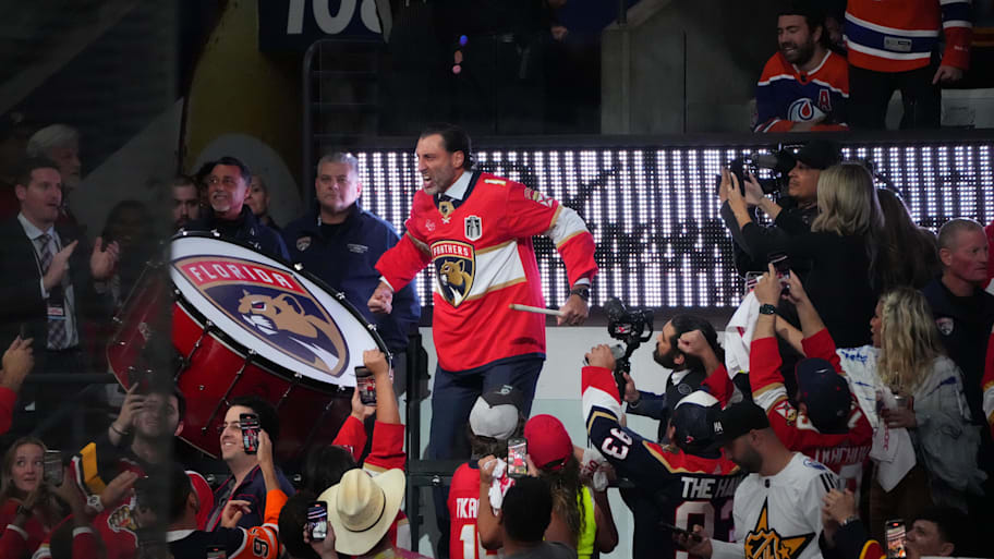 Jun 24, 2024; Sunrise, Florida, USA; Former Florida Panthers goaltender Roberto Luongo bangs the drum prior to the start of the during the first period against the Edmonton Oilers in game seven of the 2024 Stanley Cup Final at Amerant Bank Arena.  | Jim Rassol-Imagn Images