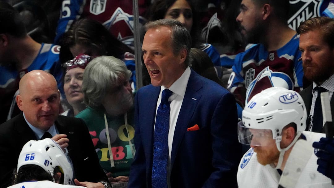 Jun 24, 2022; Denver, Colorado, USA; Tampa Bay Lightning Jon Cooper during a time out against the Colorado Avalanche in the third period in game five of the 2022 Stanley Cup Final at Ball Arena. Mandatory Credit: Ron Chenoy-Imagn Images