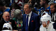 Jun 24, 2022; Denver, Colorado, USA; Tampa Bay Lightning Jon Cooper during a time out against the Colorado Avalanche in the third period in game five of the 2022 Stanley Cup Final at Ball Arena. Mandatory Credit: Ron Chenoy-Imagn Images