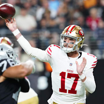 Aug 23, 2024; Paradise, Nevada, USA; San Francisco 49ers quarterback Brandon Allen (17) makes a pass attempt against the Las Vegas Raiders during the second quarter at Allegiant Stadium. Mandatory Credit: Stephen R. Sylvanie-Imagn Images