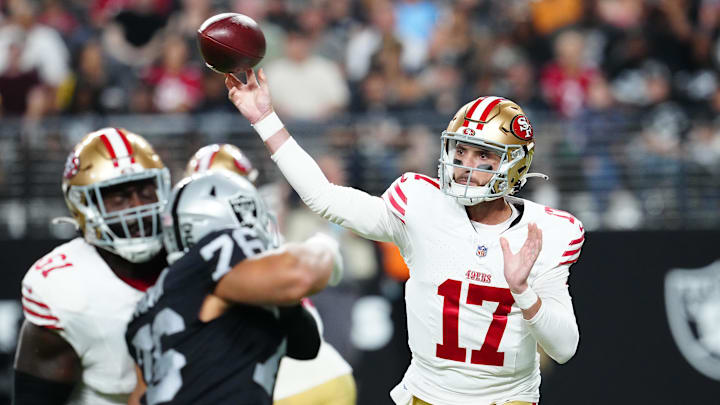 Aug 23, 2024; Paradise, Nevada, USA; San Francisco 49ers quarterback Brandon Allen (17) makes a pass attempt against the Las Vegas Raiders during the second quarter at Allegiant Stadium. Mandatory Credit: Stephen R. Sylvanie-Imagn Images