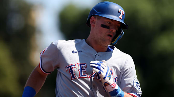 Aug 31, 2025; West Sacramento, California, USA; Texas Rangers third baseman Josh Jung (6) runs the bases after hitting a solo home run against the Athletics during the second inning at Sutter Health Park. Mandatory Credit: Dennis Lee-Imagn Images