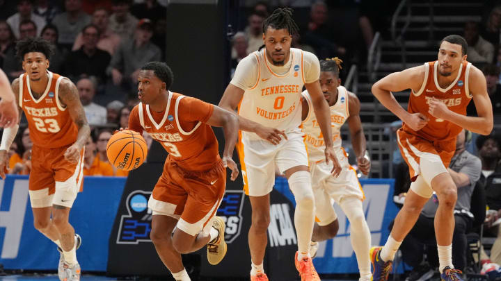 March 23, 2024, Charlotte, NC, USA; Texas Longhorns guard Max Abmas (3) brings the ball up court against the Tennessee Volunteers in the second round of the 2024 NCAA Tournament at the Spectrum Center. Mandatory Credit: Jim Dedmon-USA TODAY Sports