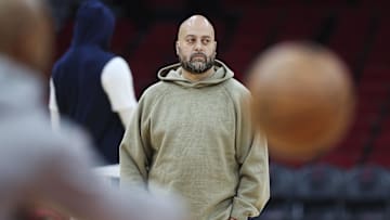 Mar 19, 2023; Houston, Texas, USA; Houston Rockets general manager Rafael Stone watches during practice before the game against the New Orleans Pelicans at Toyota Center. Mandatory Credit: Troy Taormina-Imagn Images