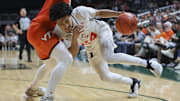 Feb 3, 2024; Coral Gables, Florida, USA; Miami Hurricanes guard Nijel Pack (24) drives to the basket against the Virginia Tech Hokies during the second half at Watsco Center. Mandatory Credit: Sam Navarro-Imagn Images