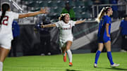 Dec 1, 2023; Cary, NC, USA; Stanford forward Allie Montoya (3) celebrates with midfielder Jasmine Aikey (12) after scoring a goal in the first half at WakeMed Soccer Park. Mandatory Credit: Bob Donnan-Imagn Images