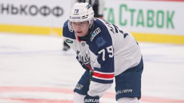 SKA Hockey Club player, Nikita Artamonov (79) seen in action...