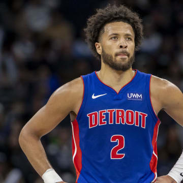 Mar 27, 2024; Minneapolis, Minnesota, USA; Detroit Pistons guard Cade Cunningham (2) look on against the Minnesota Timberwolves in the second half at Target Center. Mandatory Credit: Jesse Johnson-USA TODAY Sports