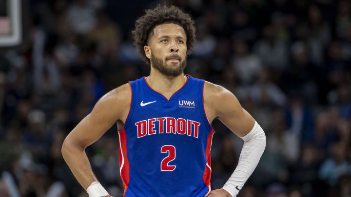 Mar 27, 2024; Minneapolis, Minnesota, USA; Detroit Pistons guard Cade Cunningham (2) look on against the Minnesota Timberwolves in the second half at Target Center. Mandatory Credit: Jesse Johnson-USA TODAY Sports