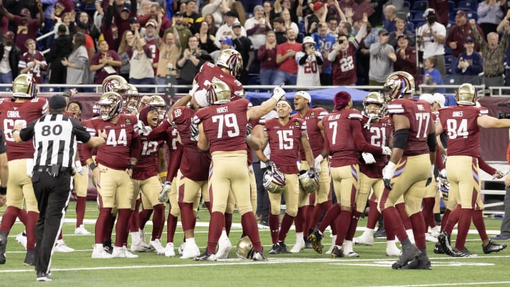 Mar 30, 2024; Detroit, MI, USA; Michigan Panthers kicker Jake Bates (38) celebrates with teammates after kicking the game winning field goal with three seconds on the clock against the St. Louis Battlehawks during the second half at Ford Field. Mandatory Credit: David Reginek-USA TODAY Sports