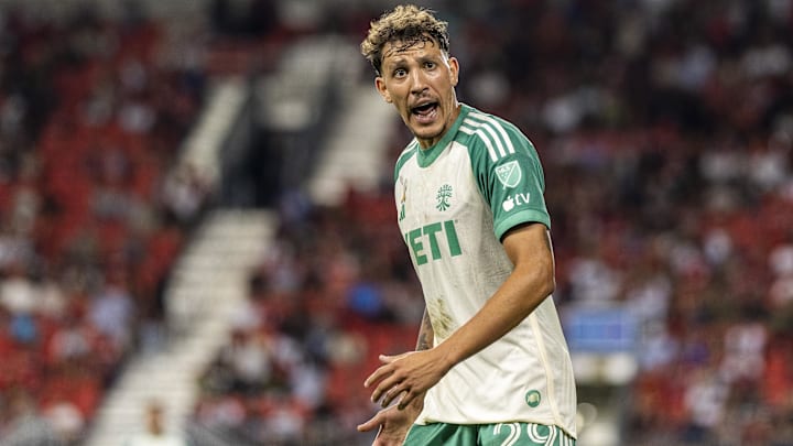 Sep 14, 2024; Toronto, Ontario, CAN; Austin FC defender Guilherme Biro (29) reacts to a call at a MLS game against Toronto FC at BMO Field. Mandatory Credit: Kevin Sousa-Imagn Images
